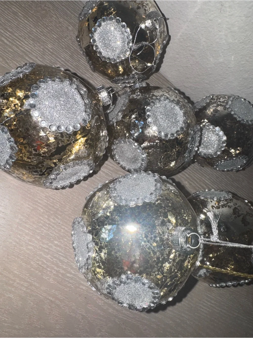 Silver mercury glass, Christmas ornament with beaded crystal set of 6
